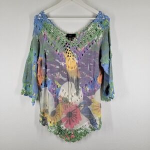 Rain Blouse Women's Medium Colorful Floral Crochet Open Knit‎ Artsy Boho Shirt